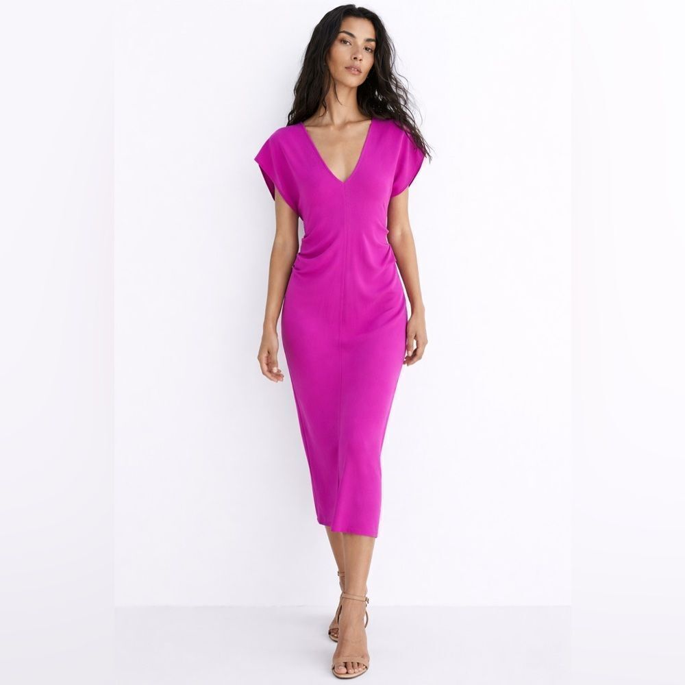 Zara Fuchsia Draped V-neck Midi Dress